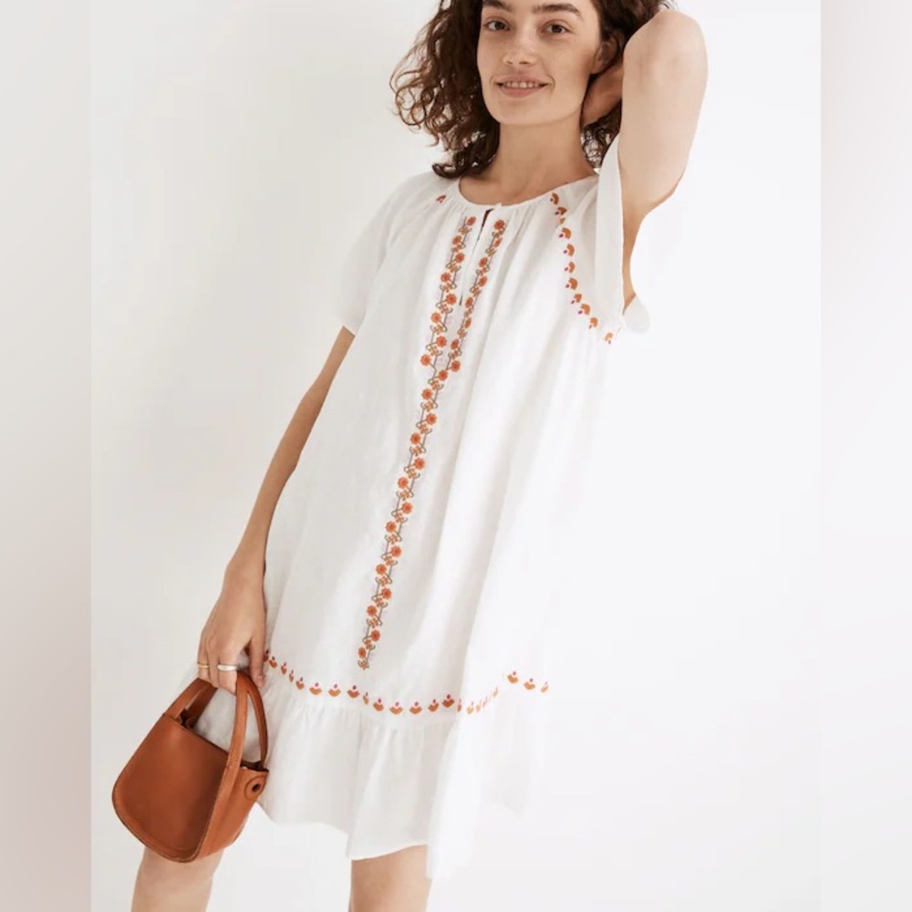 Madewell Embroidered Linen-Blend Raglan Ruffle Mini Dress